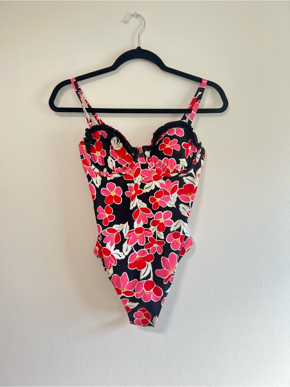 VENUS Black One-Piece Swimsuit with Pink & Red Floral Print